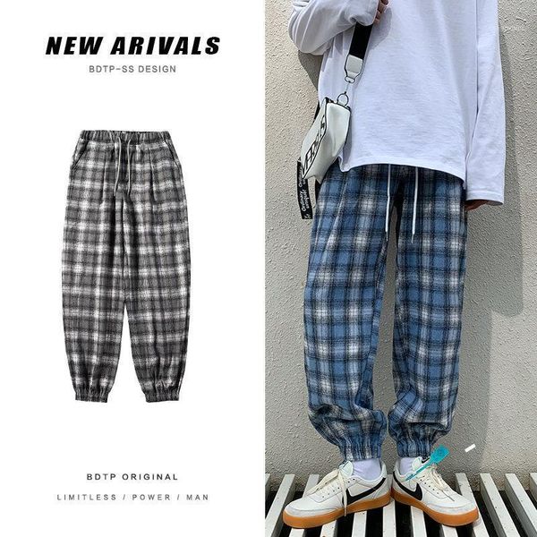 

autumn winter plaid pants men's fashion retro drawstring casual pants men streetwear loose hip-hop straight trousers mens m-2xl1, Black