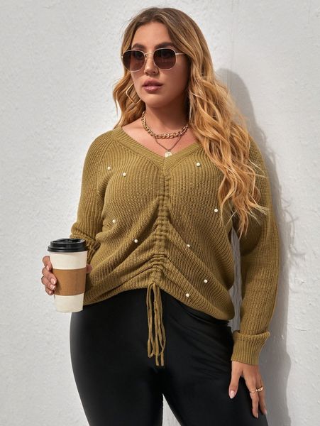 

plus pearl drawstring front raglan sleeve sweater 99kb#, Black