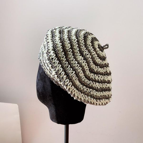 

japanese soft handmade grass crochet beret hat female mixed color wild painter simple fashion octagonal berets, Blue;gray
