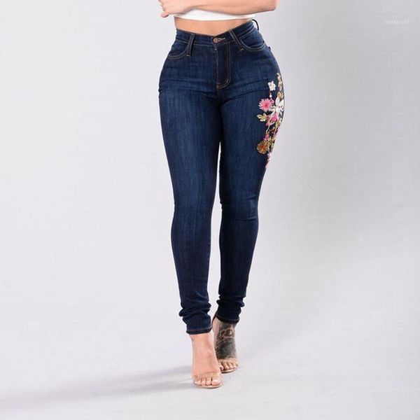 

women's jeans cfyh embroidered for women elastic flower female pencil denim pants pattern pantalon femme garemay1, Blue