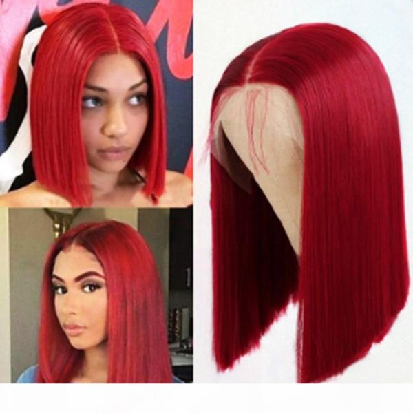 

wine red short bob straight hair glueless heat resistant synthetic lace front wigs 14inch fashion women wigs with baby hair, Black