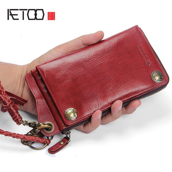 

hbp aetoo original hand-made retro men's wallet long zipper leather buckle multi-function phone leather anti-theft chain, Red;black