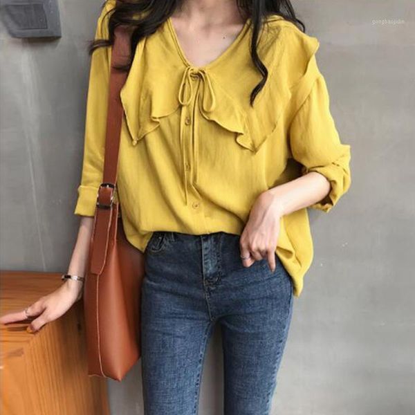 

women autumn long sleeve v neck button down shirts loose fit cotton blouse1, White