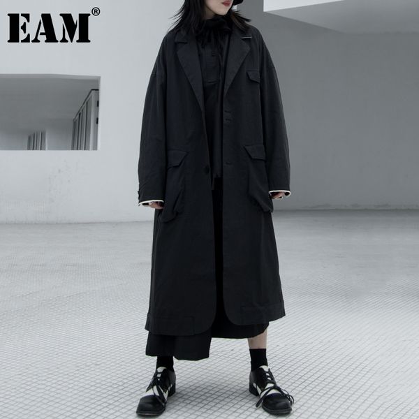 

eam] women black split long big size trench new lapel long sleeve loose fit windbreaker fashion tide spring autumn 2020 1da762 1028, Tan;black