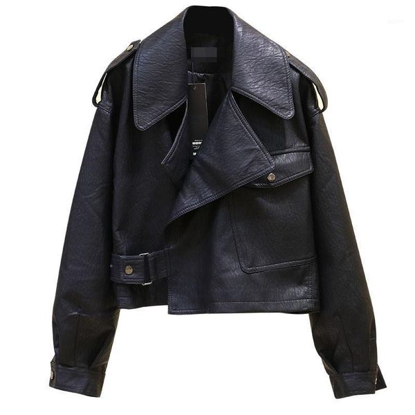

black short loose pu leather jacket autumn winter soft faux leather jacket street casual outwear ladies biker ramoneska1