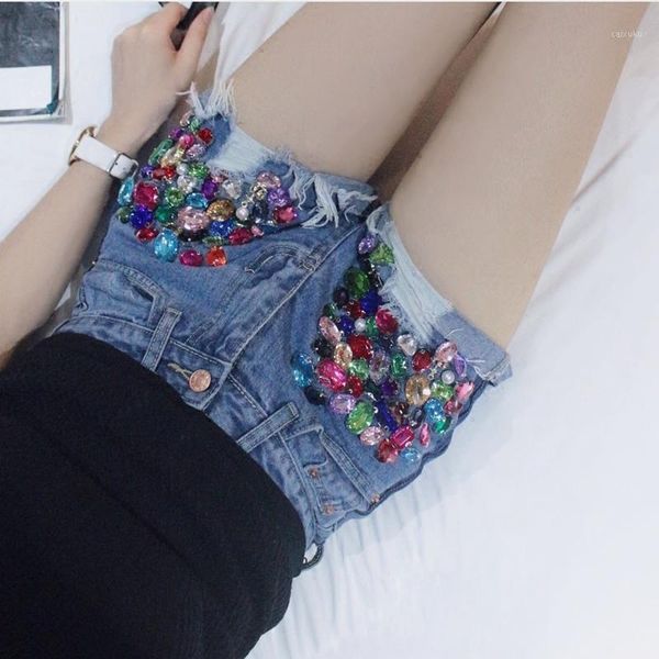 

summer embroidered flares denim shorts women hole ripped tassel diamonds short jeans streetwear white blue zip pants1