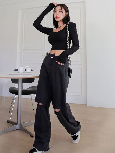 

dazy asymmetrical waist knee ripped boyfriend jeans h7j1#, Blue