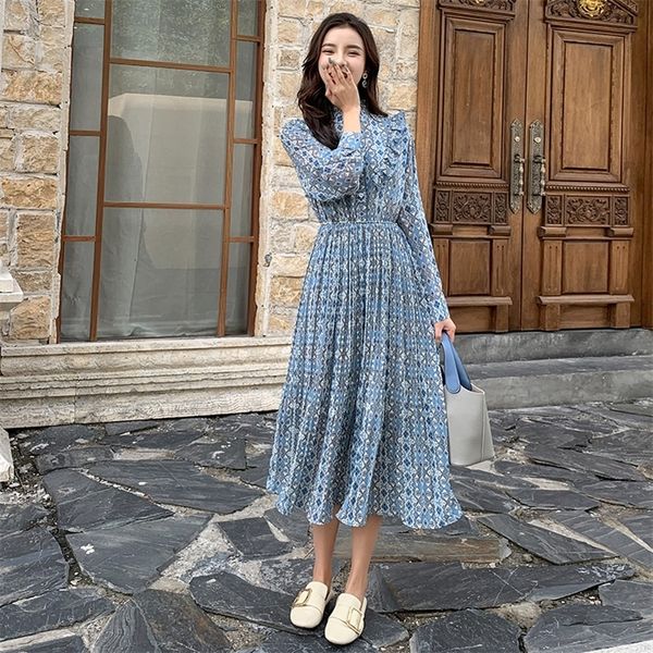 

women chiffon dress 2020 spring summer new fashion female long sleeve printed casual pleated dresses elegant a-line vestidos lj201204, Black