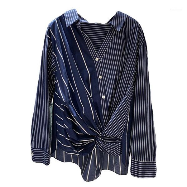 

ewq] 2020 fashion long sleeve streetwear women button shirts blusas mujer korean vintage striped patchwork blouses for women1, White