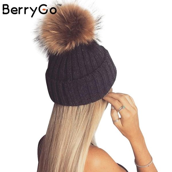 

beanie/skull caps berrygo removable real fur pompon warm stocking hat 2021 autumn cap winter female bobble hats for women skullies beanies, Blue;gray