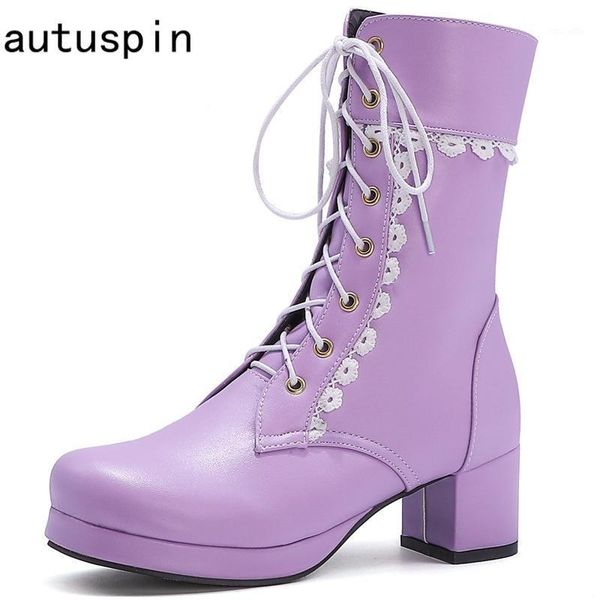 

autuspin elegant sweet shoes women lacework round toe boots 2021 autumn winter party cosplay female girls pu leather ankle boots1, Black