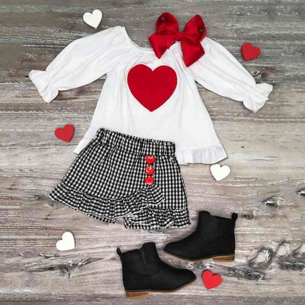 

kids baby girls valentine sets outfits heart-shaped long sleeve plaid skirts spring toddler girls clothes sets outfits girl, White