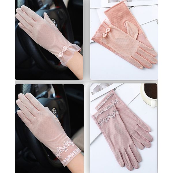 

new summer lace women sunscreen touch screen glove ice silk thin breathable mesh anti-uv female skid driving gloves, Blue;gray