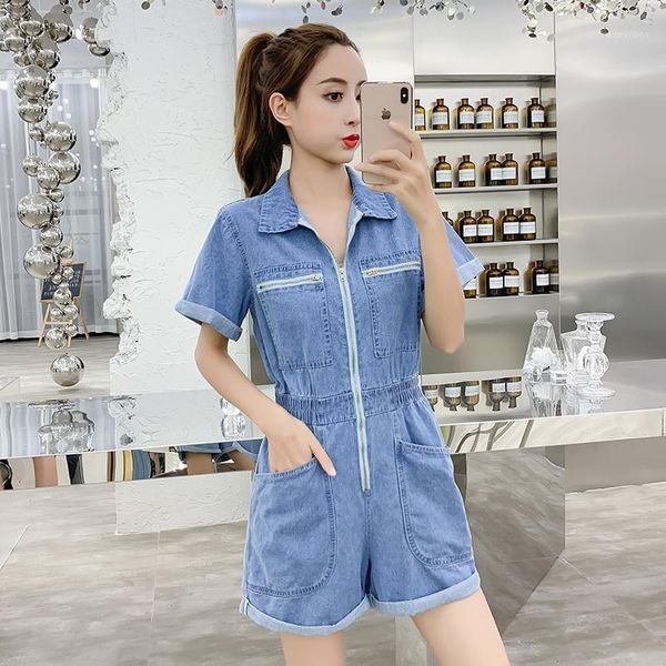 

2020 new summer v-neck denim women playsuit short sleeve zipper jumpsuit chic party club rompers ladies jeans overalls s311, Black;white