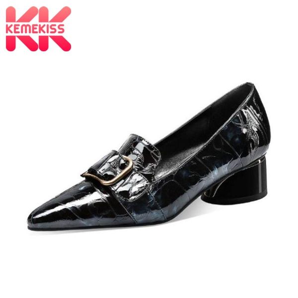 

kemekiss women pump shoes fashion pointed toe buckle thick heel shoes women high-quality real leather office footwear size 33-40, Black