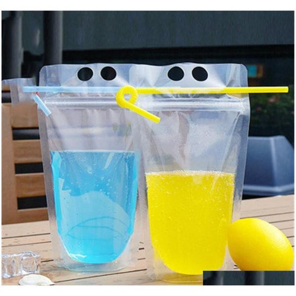 

clear drink pouches bags frosted zipper stand-up plastic drinking bag with straw with holder reclosable heat-proof r1284 syw8s