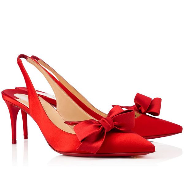 

women low heels paris red bottom heels pumps red soles leather crepe satin slingback pointed toe pumps lady party wedding dress pump, Black