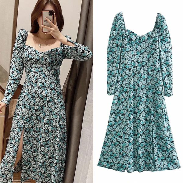 

2021 new blue floral women autumn vintage square neck long puff sleeve midi dresses woman elegant dress mgtg, Black;gray