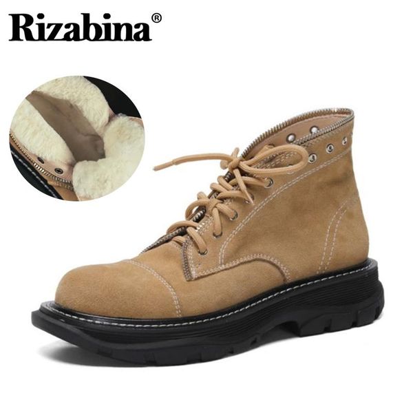 

rizabina women boots real leather warm plush fur winter shoes woman ankle snow boots fashion lace up boot women size 34-42, Black