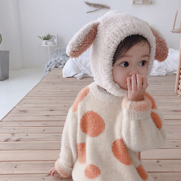 

2019 winter cute baby boys girls color matching plush hats kids children warm 3 colors rabbit ear caps 1028, Yellow