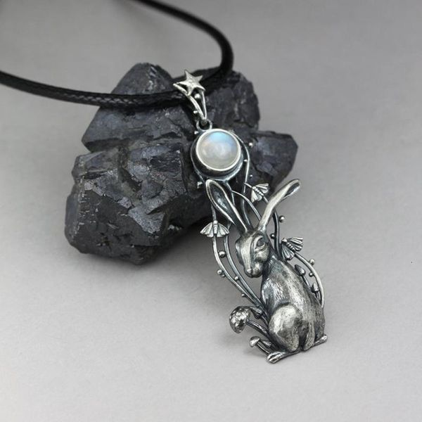 

pendant moon charm moonstone rabbit necklace women fashion, Silver