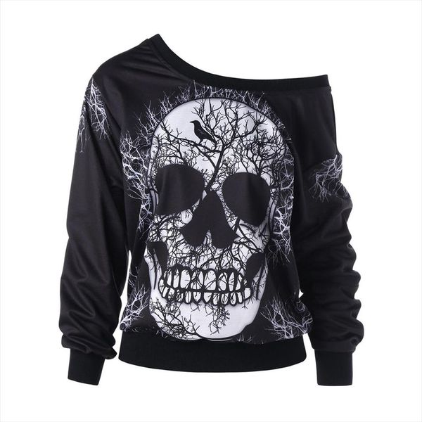 

sweatshirt women long sleeve skew neck skull print halloween sweatshirt blouse shirt autumn and winter female coats outwear, Black