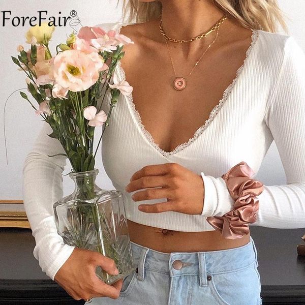 

forefair white v neck backless long sleeve ruffles bandage women crop lace up tie bow t shirts 2020 summer