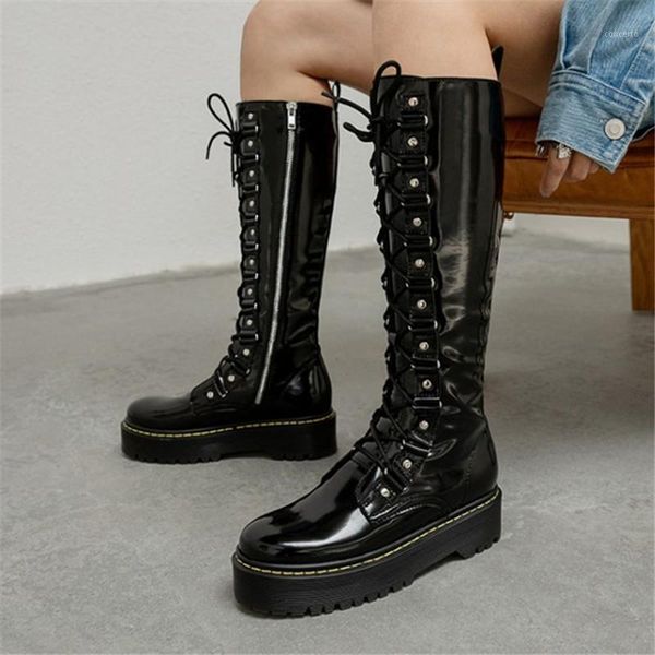 

pxelena punk gothic thick sole platform knee high boots women natural genuine leather shoes 2021 spring autumn motorcycle shoes1, Black