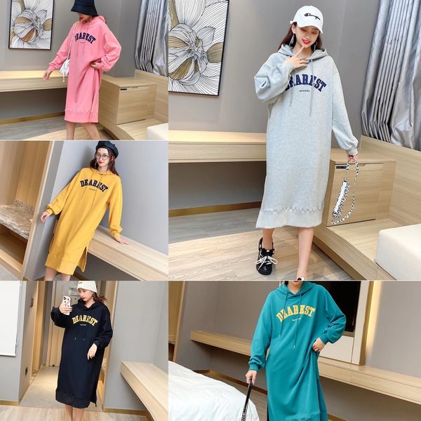 

spring and autumn korean women's casual dress and versatile letter pasted embroidered large size long knee length hooded dress 4523 0dw, Black