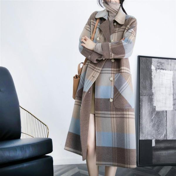 

winter new style over-the-knee double-breasted large pocket loose coat coat plaid woolen female mid-length1, Black