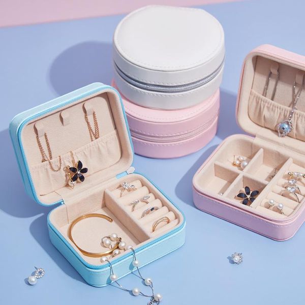 

new zippered jewelry box portable eearring ring necklace storage travel display holder girls gift, Pink;blue