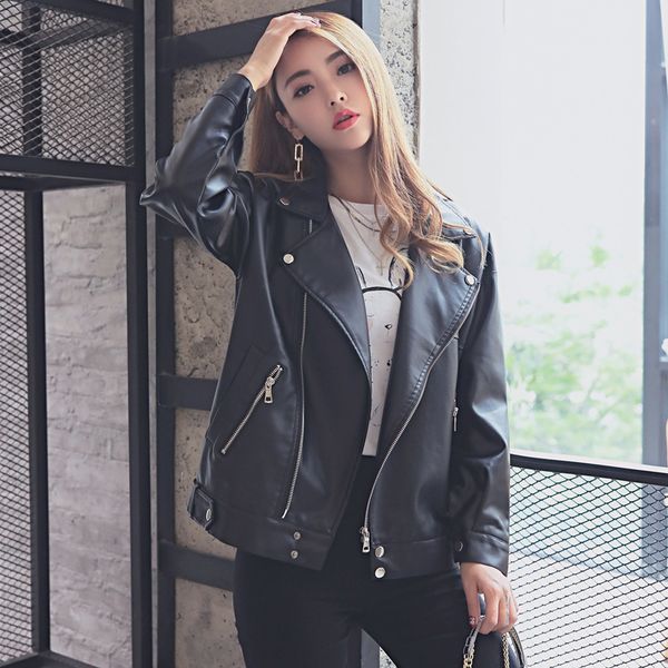 

loosed a leather jacket from the female classic biker jackets spring fall basic lady outerwear lb0r, Black