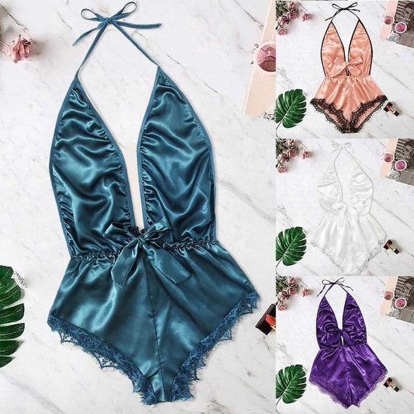 

women v-neck lace stain bow lingerie bodysuit sleepwear pajamas silk jumpsuit christmas v erotic hollow underwear, Black;white