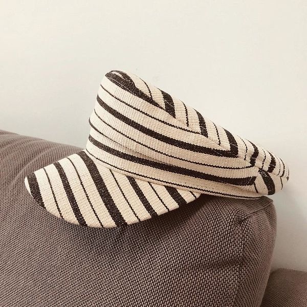 New Striped Cotton Linen Women Primavera Estate Flat-top militare con visiera Fashion Visiera Sun Cap Y200714