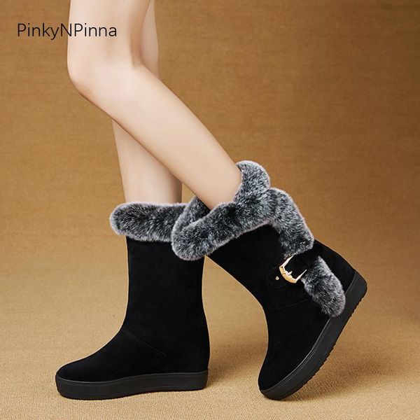 

women winter snow boots fur faux suede high wedges heels outdoor warm comfortable short plush ankle booties ladies shoes, Black