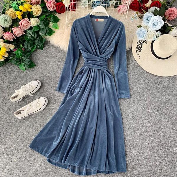 

2020 spring new women velvet dress vintage long sleeve v-neck bandage dresses high waist elegant black party dress vestido, Black;gray