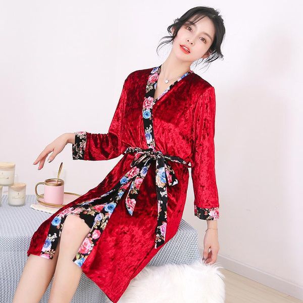 

red velour print flower trim 2pcs robe set strap bath bathrobe sleepwear nightwear winter lounge home wear1, Black;red