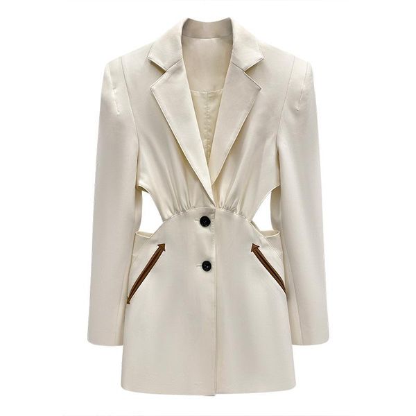 

autumn and winter women's blazer jacket casual solid color double-breasted pocket decorative coat satin luxury blazer, White;black