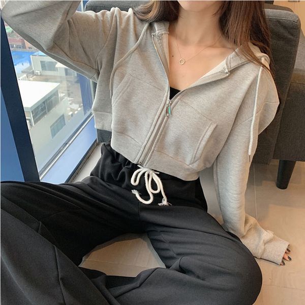 

fashion 2021 new autumn hoodies long hood female sweatshirt short pocket thin jacket sport 6icc, Black