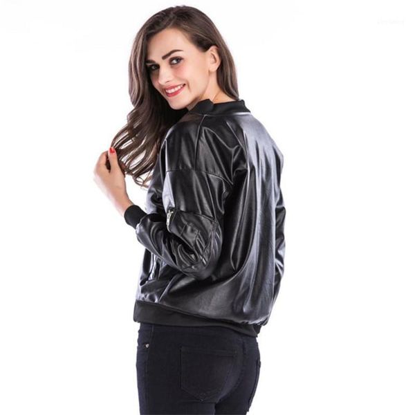 

europe and america autumn women artificial leather jacket black round neck long sleeve zipper leather jacket motorcycle1
