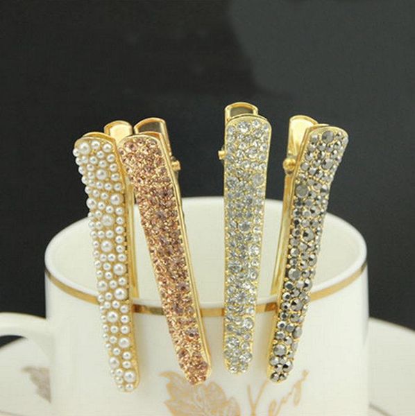 

korean version of the popular simple alloy inlaid rhinestone pearl toothed duckbill hairpin, Golden;silver
