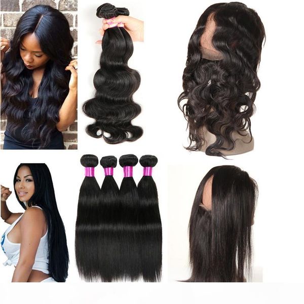 

brazilian straight hair bundles with 360 frontal brazilian body wave human hair 2 3 bundles with narutal color 360 lace frontal closure, Black;brown
