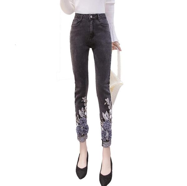 

2021 korean wild stereo frizzy bloom denim women's pants high waist small brim feet pencil q520 t2sn, Black;white