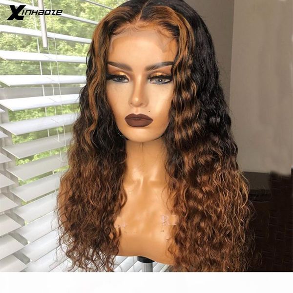 

honey blonde highlight парик 13x6 фронта шнурка человеческих волос парики волна воды завитые ombre человеческих волос деву wet волнистыми дл, Black;brown