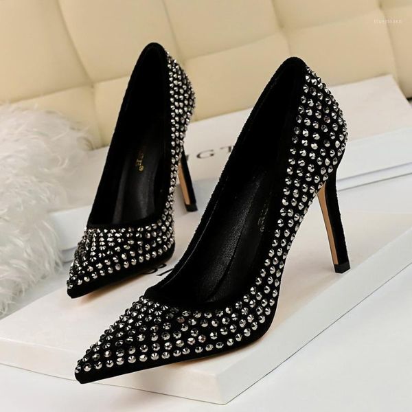 

women new crystal high heels shoes pumps female flock shallow fashion pumps ladies shoes women party high1, Black