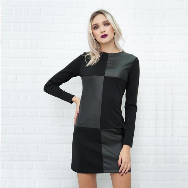 

women office lady leather patchwork patchwork long sleeve o neck solid sheath casual elegant dress 2019 winter new fashion dress1, Black;gray