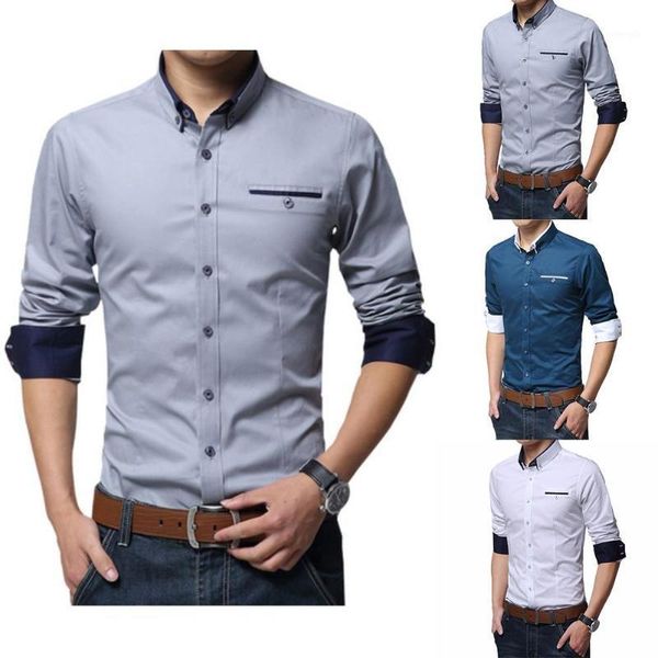 

fashion men solid color long sleeve turn down collar shirt slim fits blouse, White;black