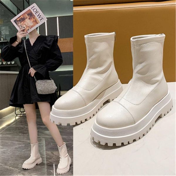 

women leather motorcycle boots round toe back zipper winter warm waterproof ankle boots women platform chunky shoes botas mujer, Black