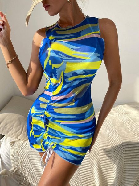 

color block drawstring detail cover up u2le#, White;black