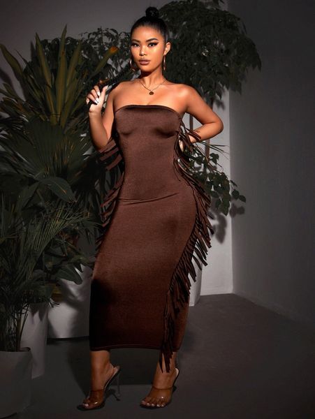 

fringe trim bodycon tube dress n7wb#, Black;gray